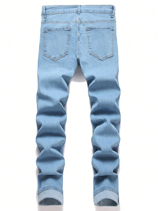 Manfinity Homme Men's Simple Front Button Multi-Pocket Casual Denim Jeans Light Wash