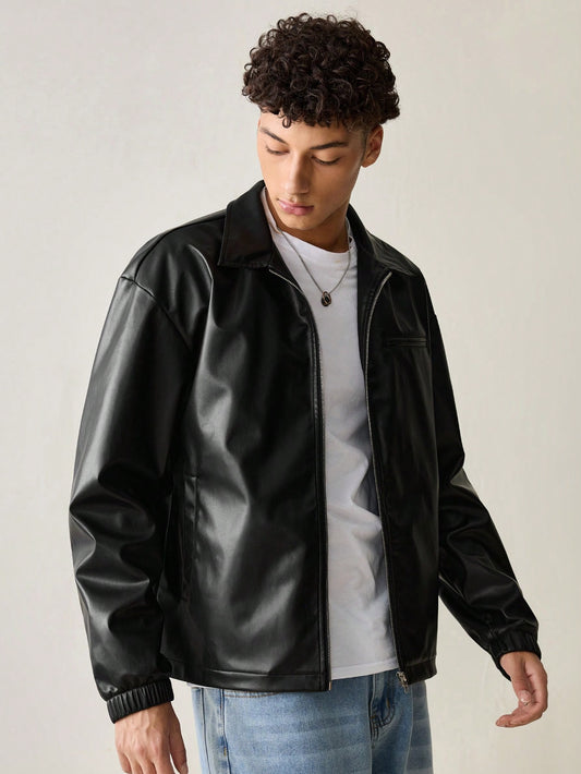 Manfinity UrbanChill Men's Fashionable Daily Casual PU Leather Fitted Long Sleeve Men Jacket, Urban Black Jacket, For Friends, Husband, Boyfriend Gifts Black