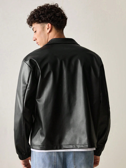 Manfinity UrbanChill Men's Fashionable Daily Casual PU Leather Fitted Long Sleeve Men Jacket, Urban Black Jacket, For Friends, Husband, Boyfriend Gifts Black