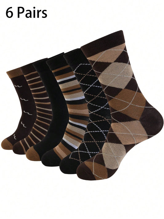 6 Pairs Men's Colorful Diamond Plaid Pattern Breathable Casual Dress Socks Multicolor