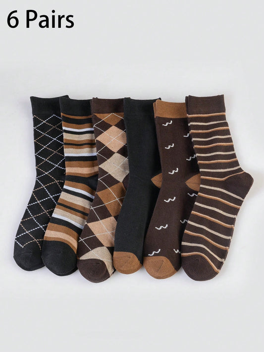 6 Pairs Men's Colorful Diamond Plaid Pattern Breathable Casual Dress Socks Multicolor