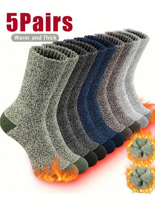 5 Pairs Men's Warm Thermal Lined Thermal Socks, Thick Cushioned Mid-Calf Hiking Socks, Fit US Size 4.5-9 / UK Size 3.5-8 / EU Size 36-43, Winter Multicolor