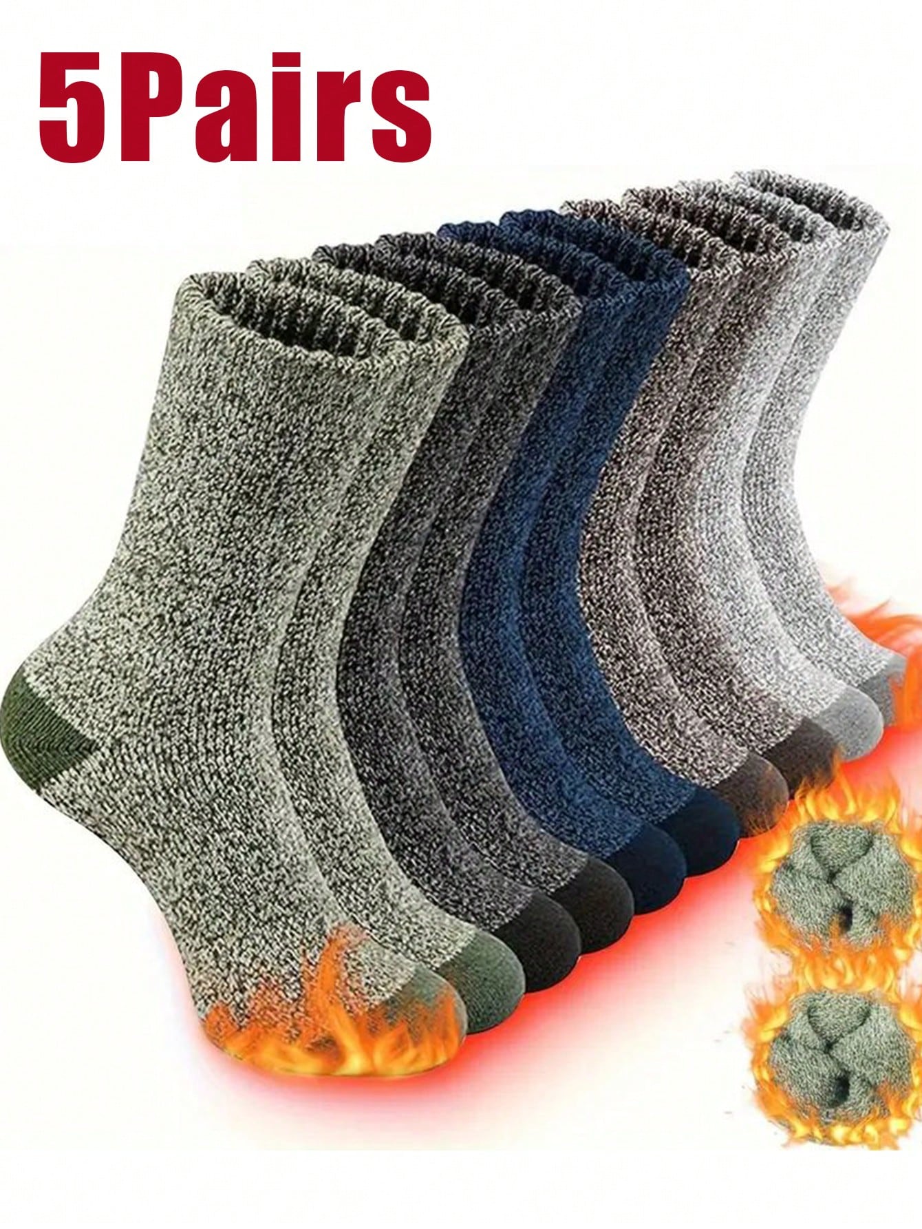 5 Pairs Men's Warm Thermal Lined Thermal Socks, Thick Cushioned Mid-Calf Hiking Socks, Fit US Size 4.5-9 / UK Size 3.5-8 / EU Size 36-43, Winter Multicolor