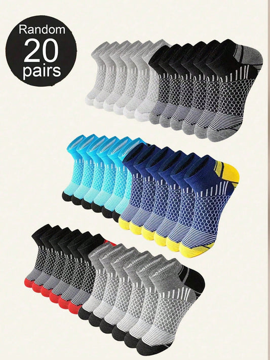 Random 10/20/40 Pairs Men's Ankle Socks, Colorblock Polygon Design, Breathable Sports Running Basketball Socks For Men, Daily Wear, For Gym Multicolor