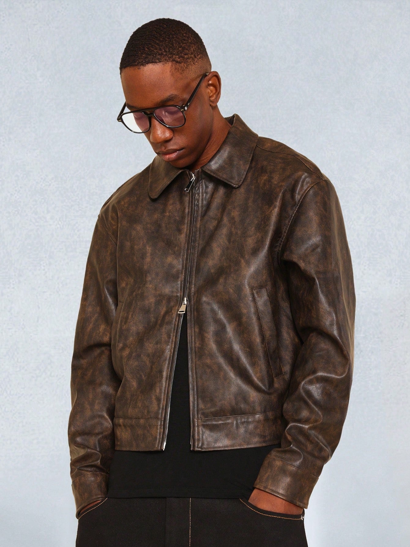 SUMWON Cropped Washed PU Worker Jacket Brown