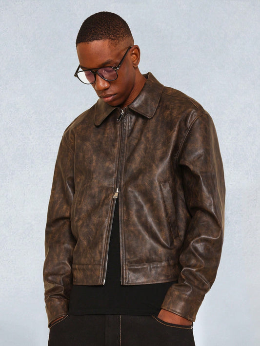 SUMWON Cropped Washed PU Worker Jacket Brown