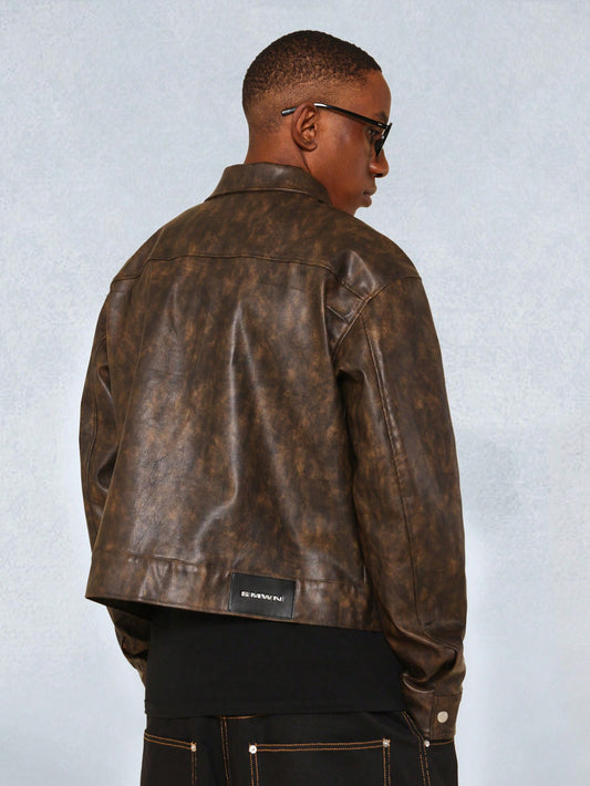 SUMWON Cropped Washed PU Worker Jacket Brown