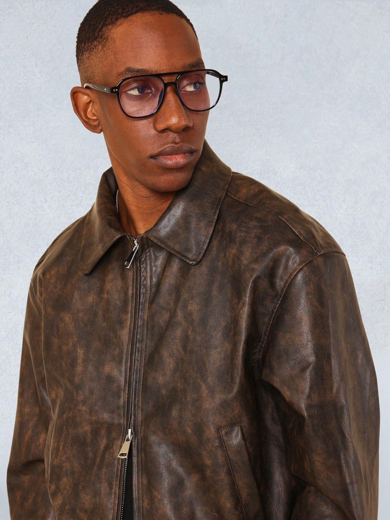 SUMWON Cropped Washed PU Worker Jacket Brown