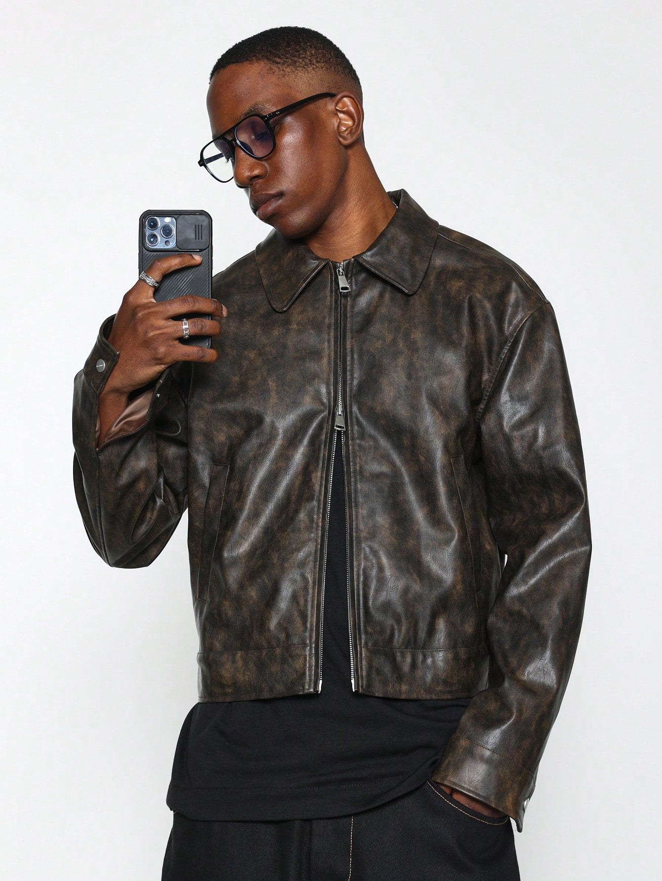 SUMWON Cropped Washed PU Worker Jacket Brown