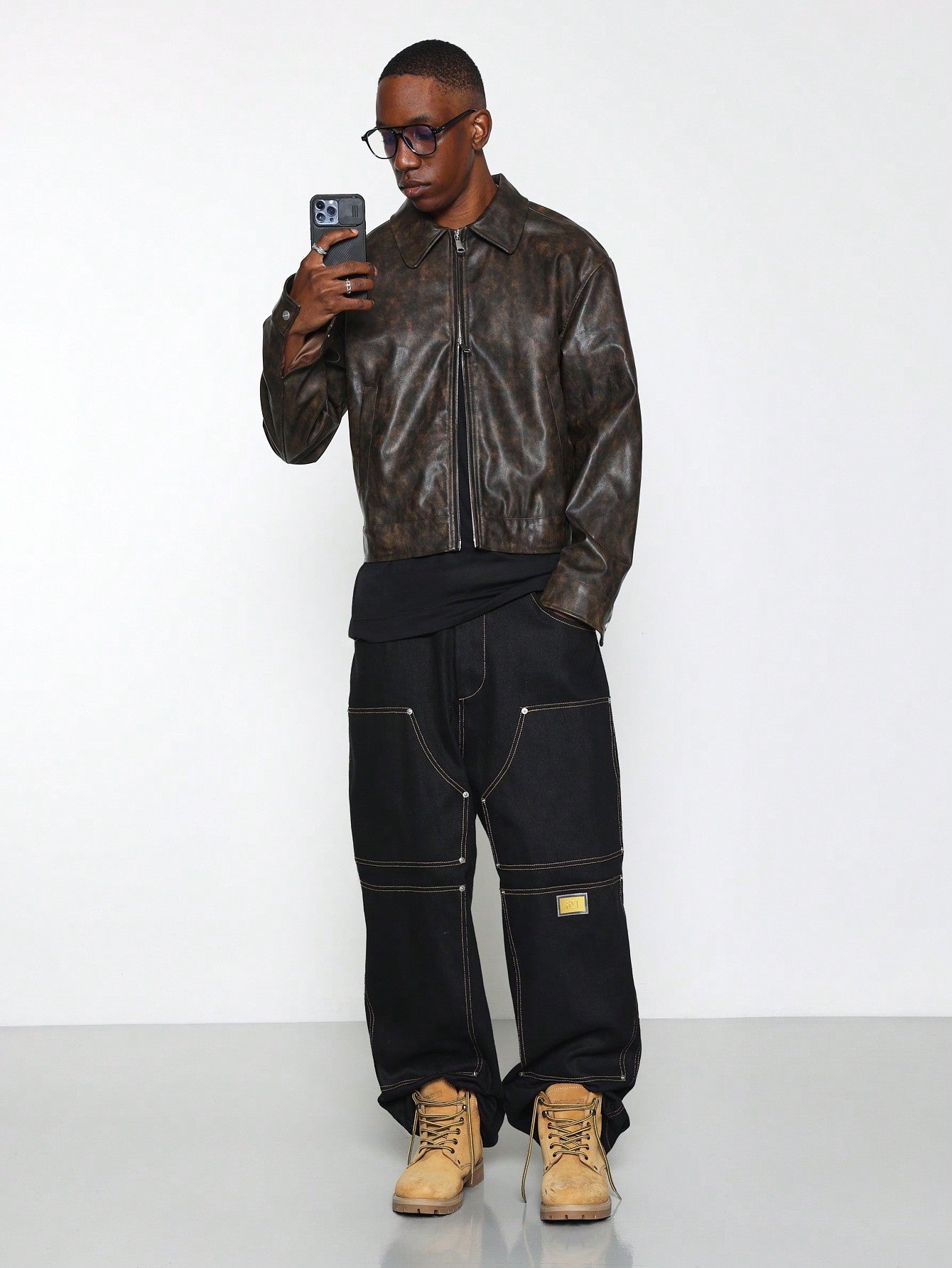 SUMWON Cropped Washed PU Worker Jacket Brown