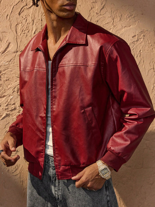 Forever 21 Men's Autumn And Winter Drop Shoulder Long Sleeve Zip Up Red PU Leather Jacket Red