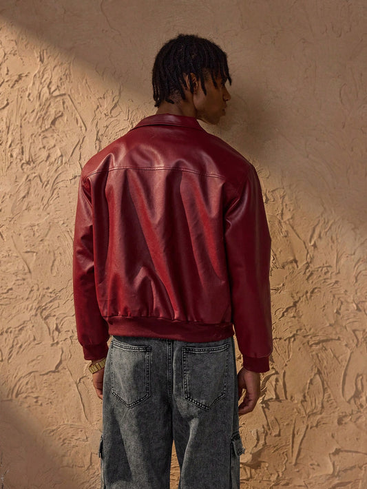 Forever 21 Men's Autumn And Winter Drop Shoulder Long Sleeve Zip Up Red PU Leather Jacket Red