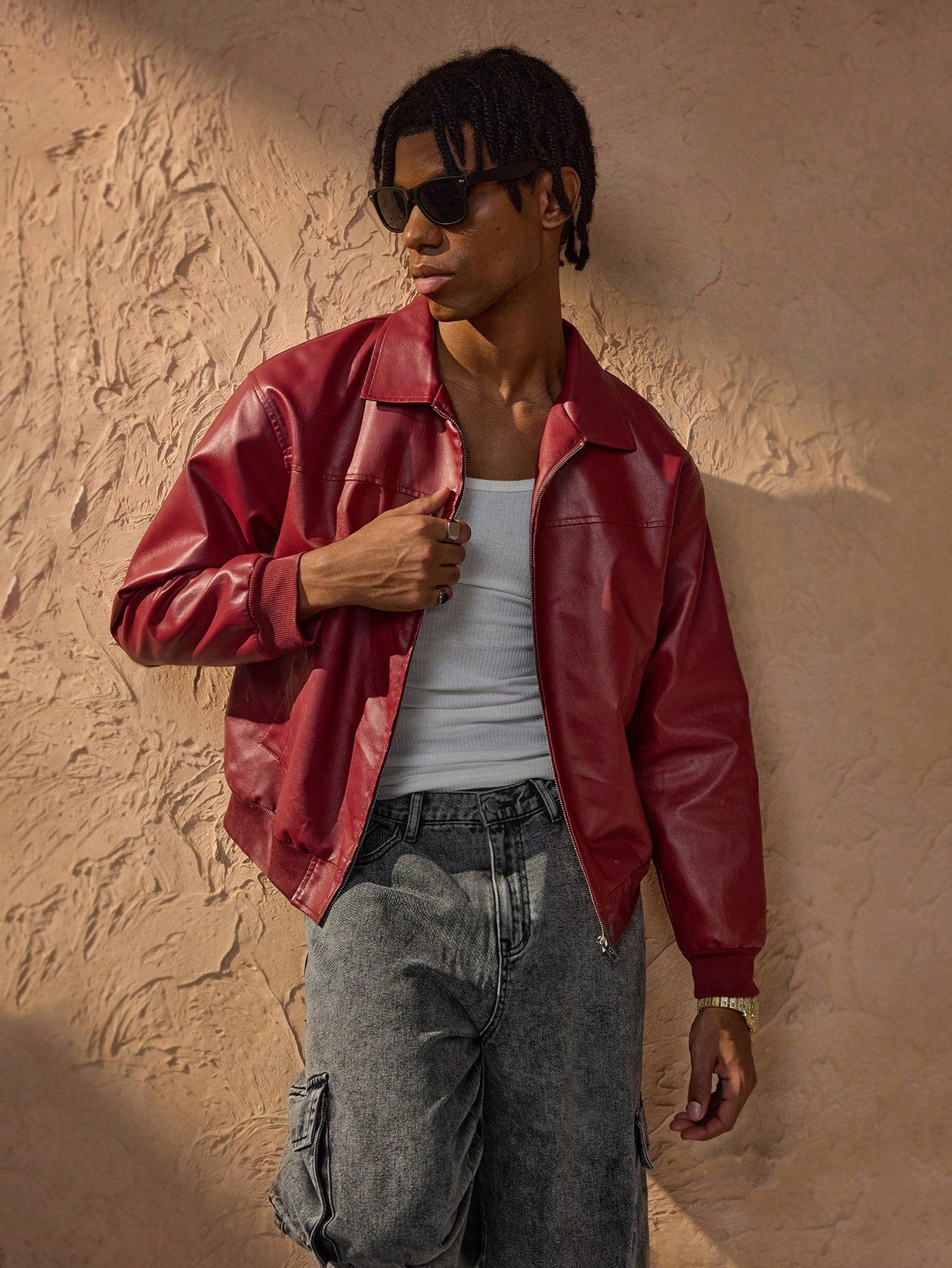 Forever 21 Men's Autumn And Winter Drop Shoulder Long Sleeve Zip Up Red PU Leather Jacket Red