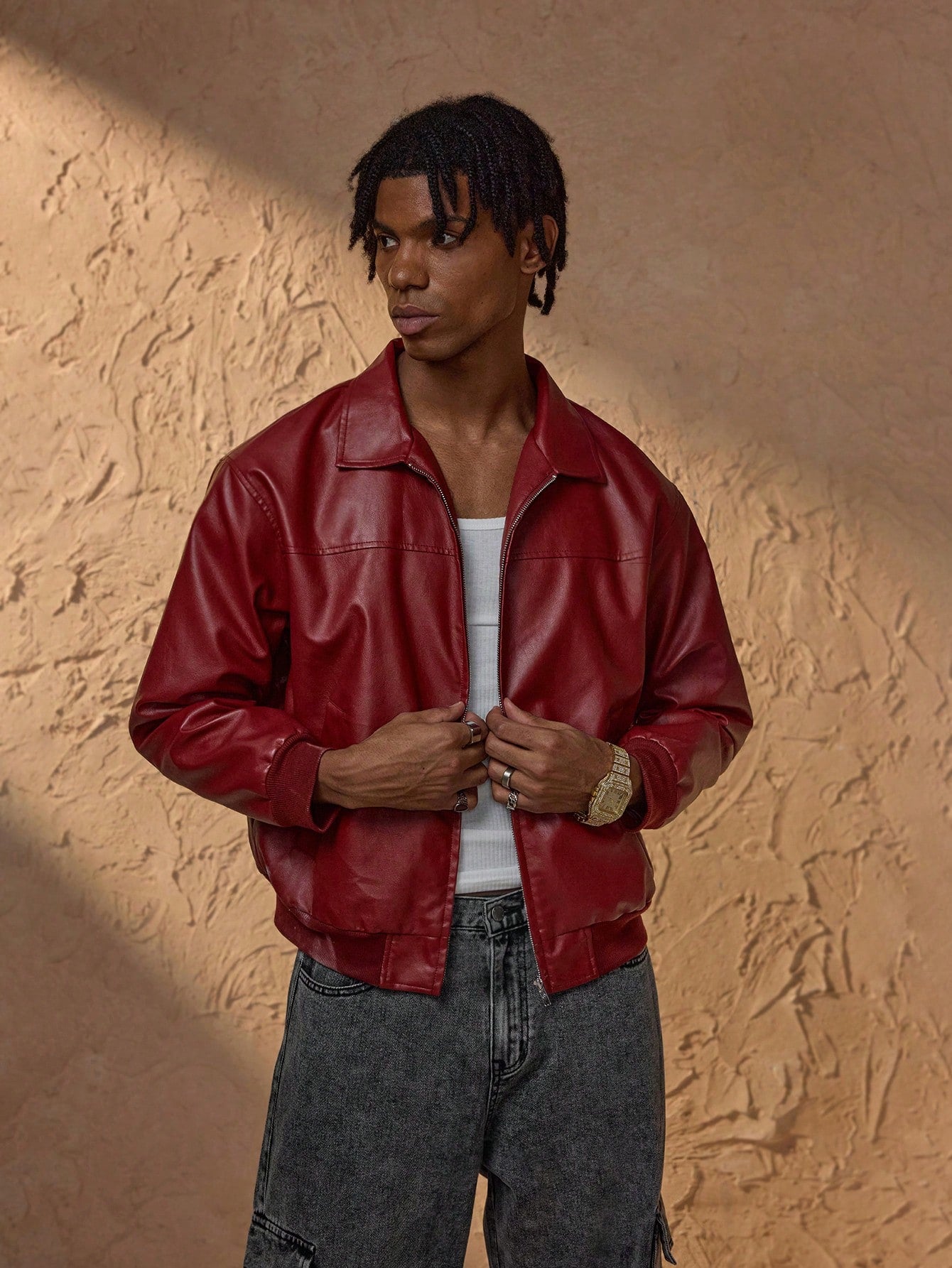 Forever 21 Men's Autumn And Winter Drop Shoulder Long Sleeve Zip Up Red PU Leather Jacket Red