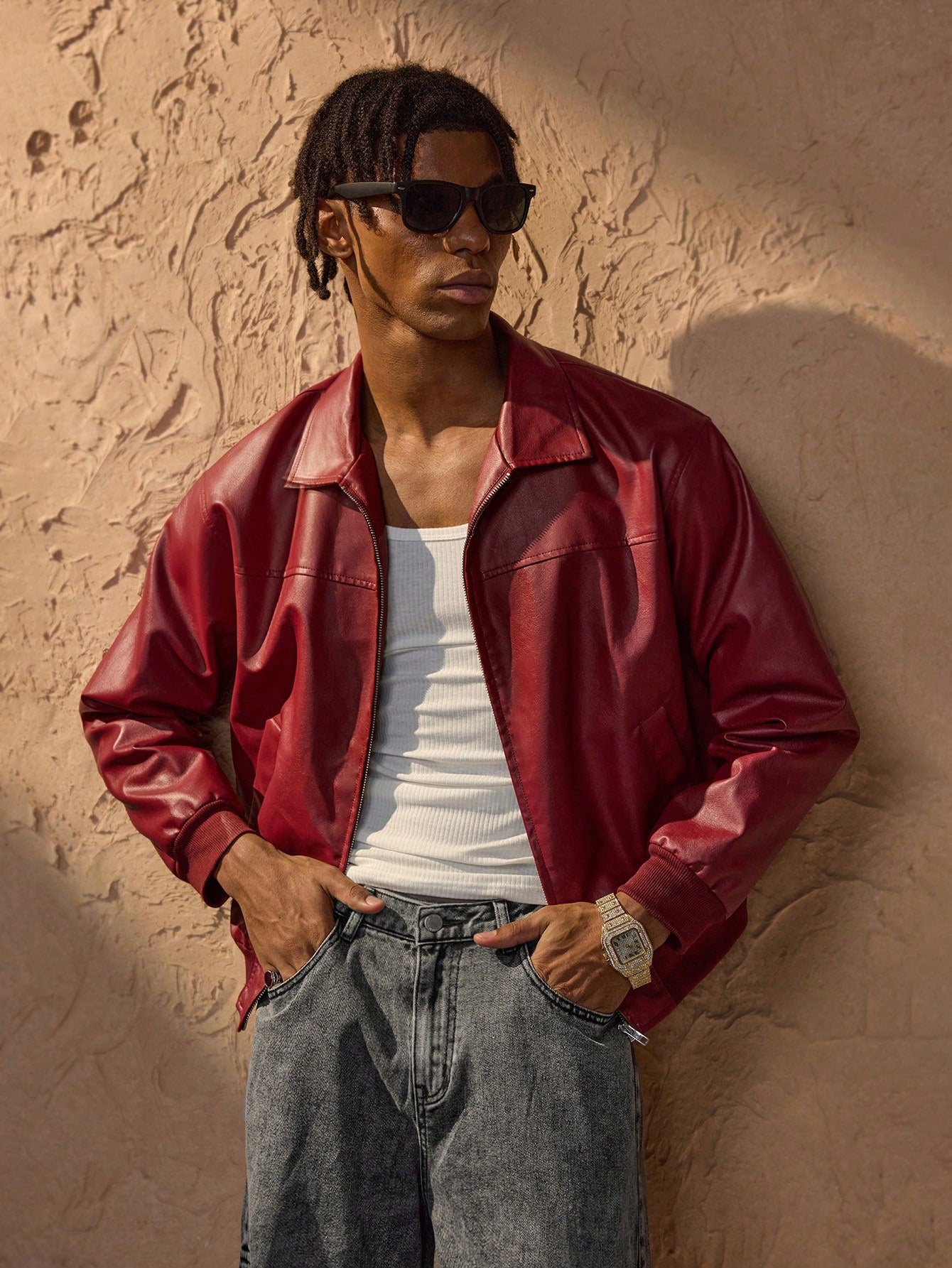 Forever 21 Men's Autumn And Winter Drop Shoulder Long Sleeve Zip Up Red PU Leather Jacket Red