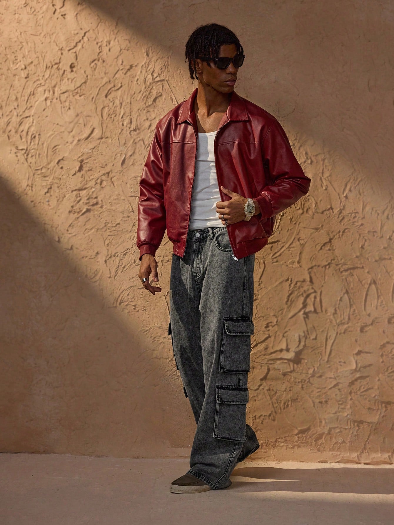 Forever 21 Men's Autumn And Winter Drop Shoulder Long Sleeve Zip Up Red PU Leather Jacket Red
