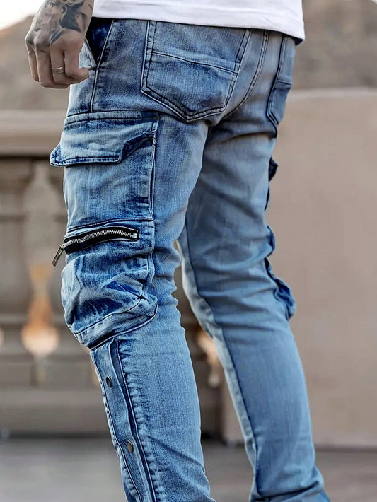 Men's Casual Multi-Pocket Denim Pants, Fashionable And Simple Daily Wear Light Wash