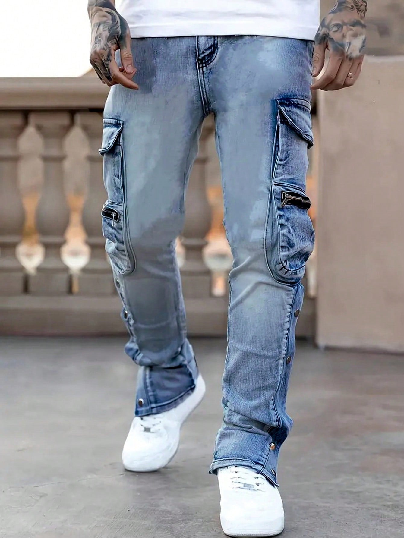 Men's Casual Multi-Pocket Denim Pants, Fashionable And Simple Daily Wear Light Wash