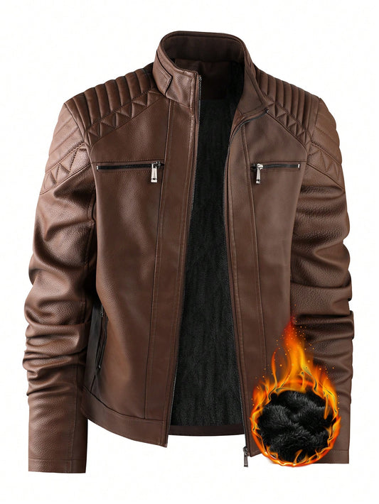 LEDUNTINO Men Fashion Zip Up Casual Outdoor Thick Fleece Biker Leather Jacket, Sports, Solid, Bomber,Boyfriend Gift, Men's Winter Fall Stand Collar,Motorcycle, Shoulder Texture, Windproof, Windbreaker Leather Jacket Spring Autumn Coat Men Coffee Brown