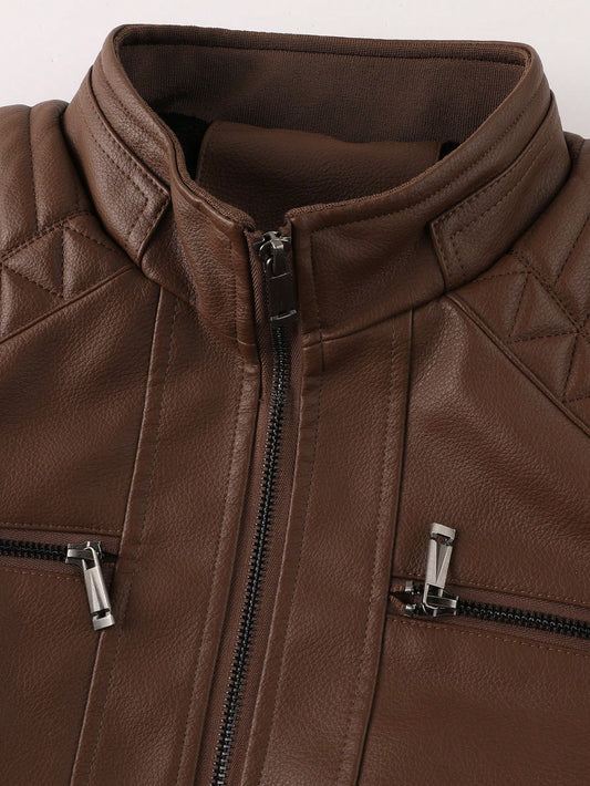 LEDUNTINO Men Fashion Zip Up Casual Outdoor Thick Fleece Biker Leather Jacket, Sports, Solid, Bomber,Boyfriend Gift, Men's Winter Fall Stand Collar,Motorcycle, Shoulder Texture, Windproof, Windbreaker Leather Jacket Spring Autumn Coat Men Coffee Brown