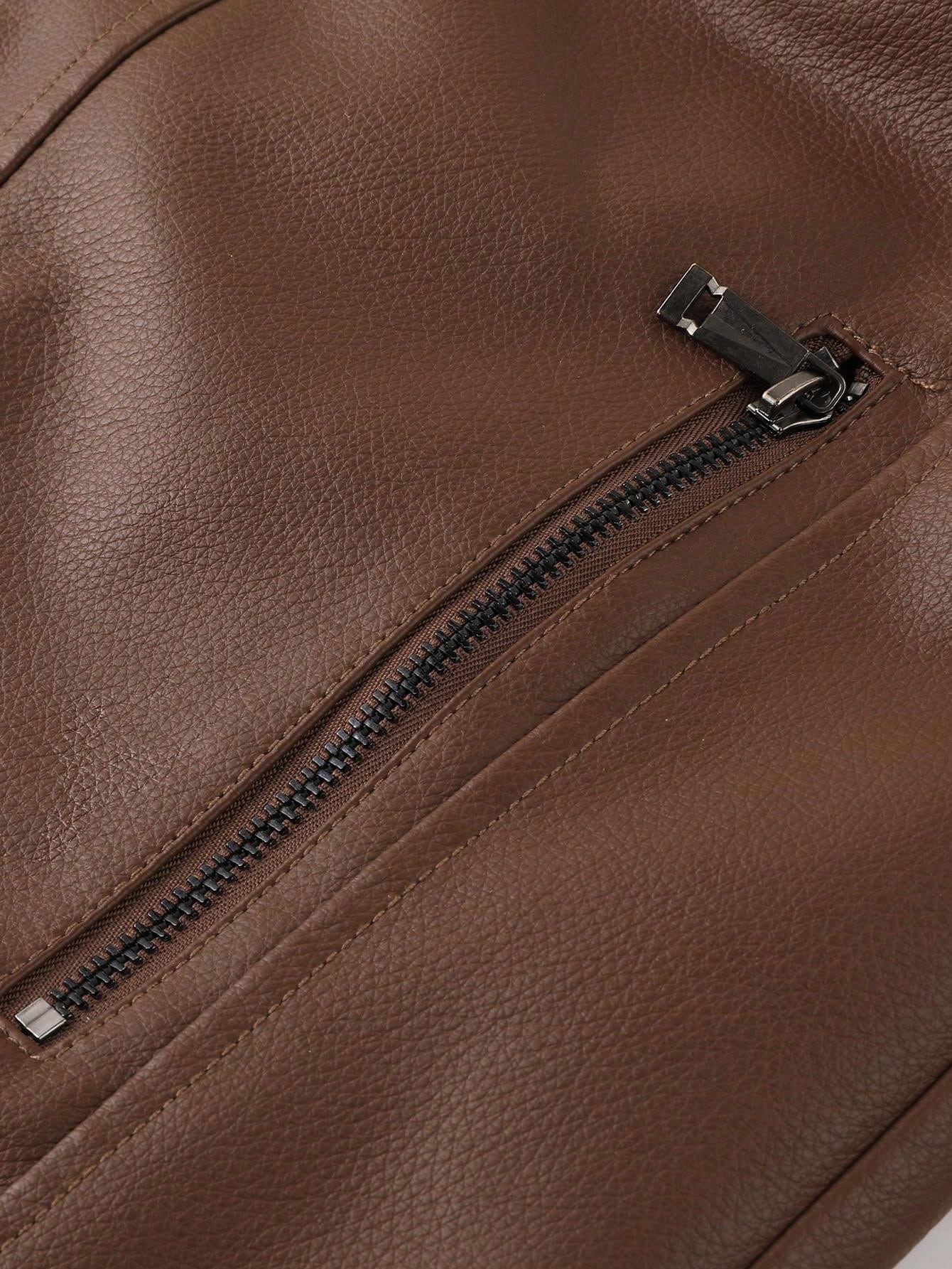 LEDUNTINO Men Fashion Zip Up Casual Outdoor Thick Fleece Biker Leather Jacket, Sports, Solid, Bomber,Boyfriend Gift, Men's Winter Fall Stand Collar,Motorcycle, Shoulder Texture, Windproof, Windbreaker Leather Jacket Spring Autumn Coat Men Coffee Brown