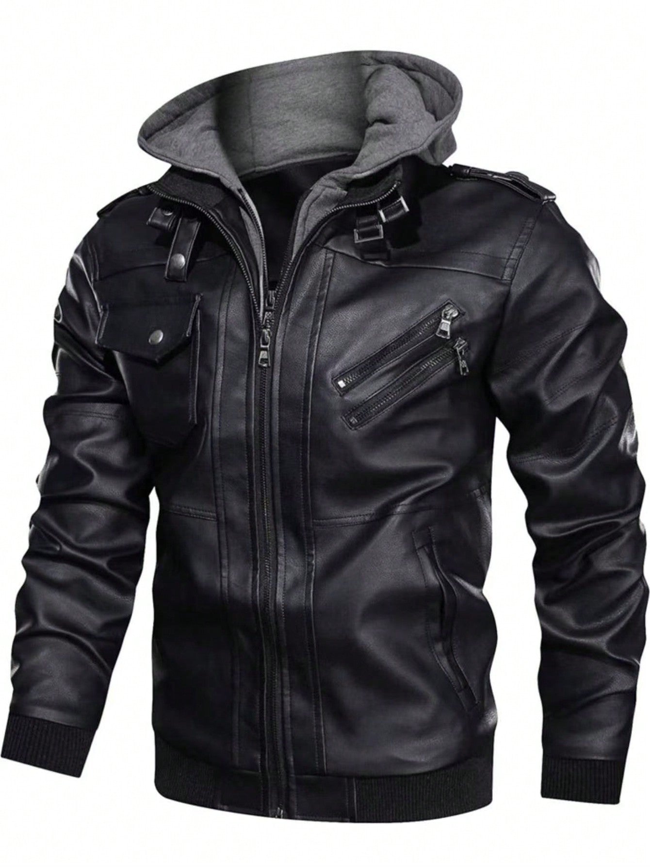 Men Zip Up Hooded PU Leather Jacket Black