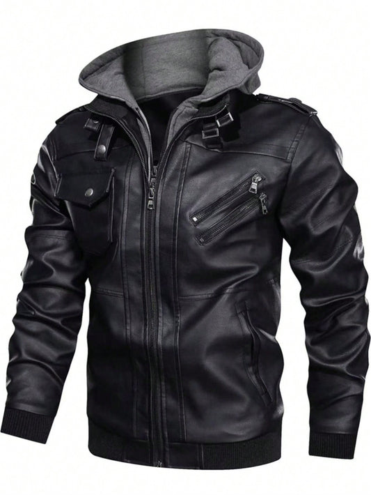 Men Zip Up Hooded PU Leather Jacket Black