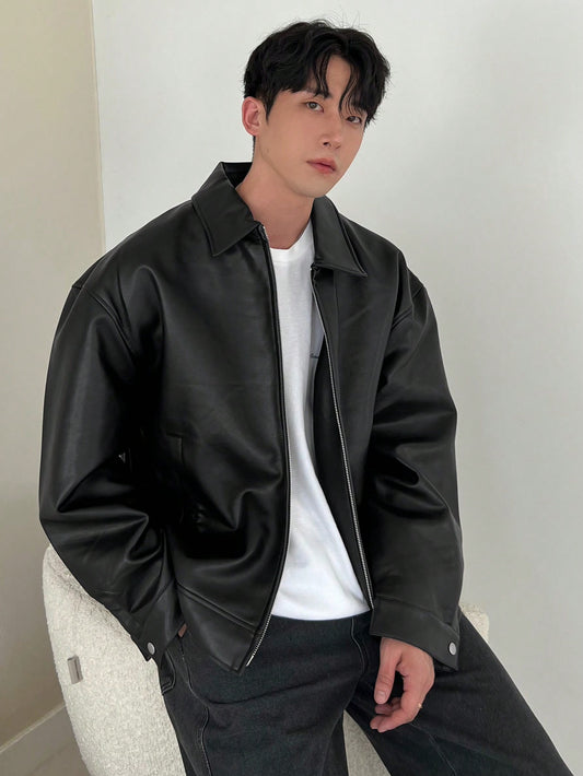 DAZY 1pc Men Plain Black Faux Leather Jacket & Coat For Autumn Black