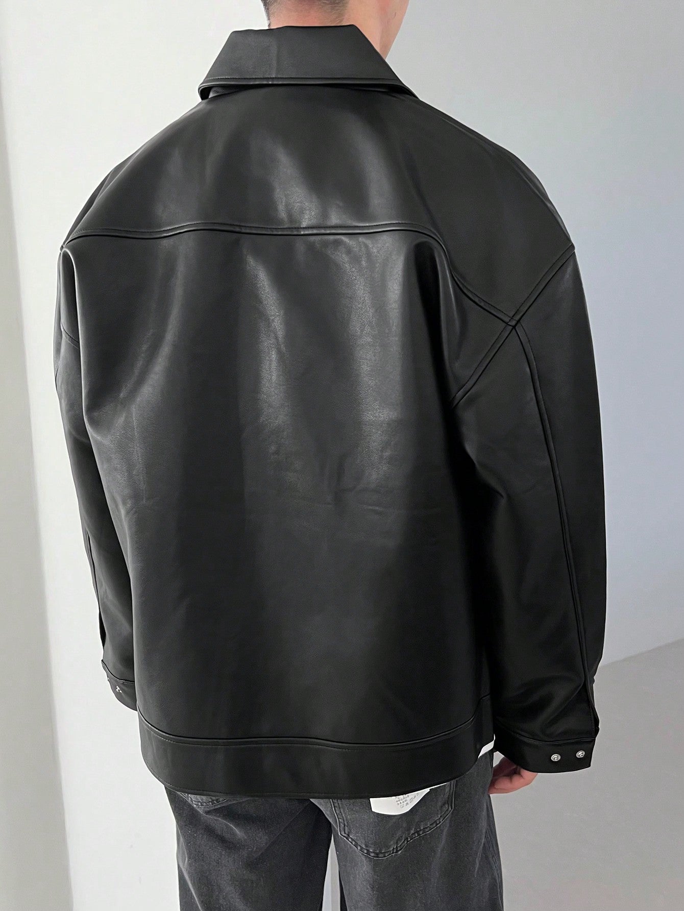 DAZY 1pc Men Plain Black Faux Leather Jacket & Coat For Autumn Black