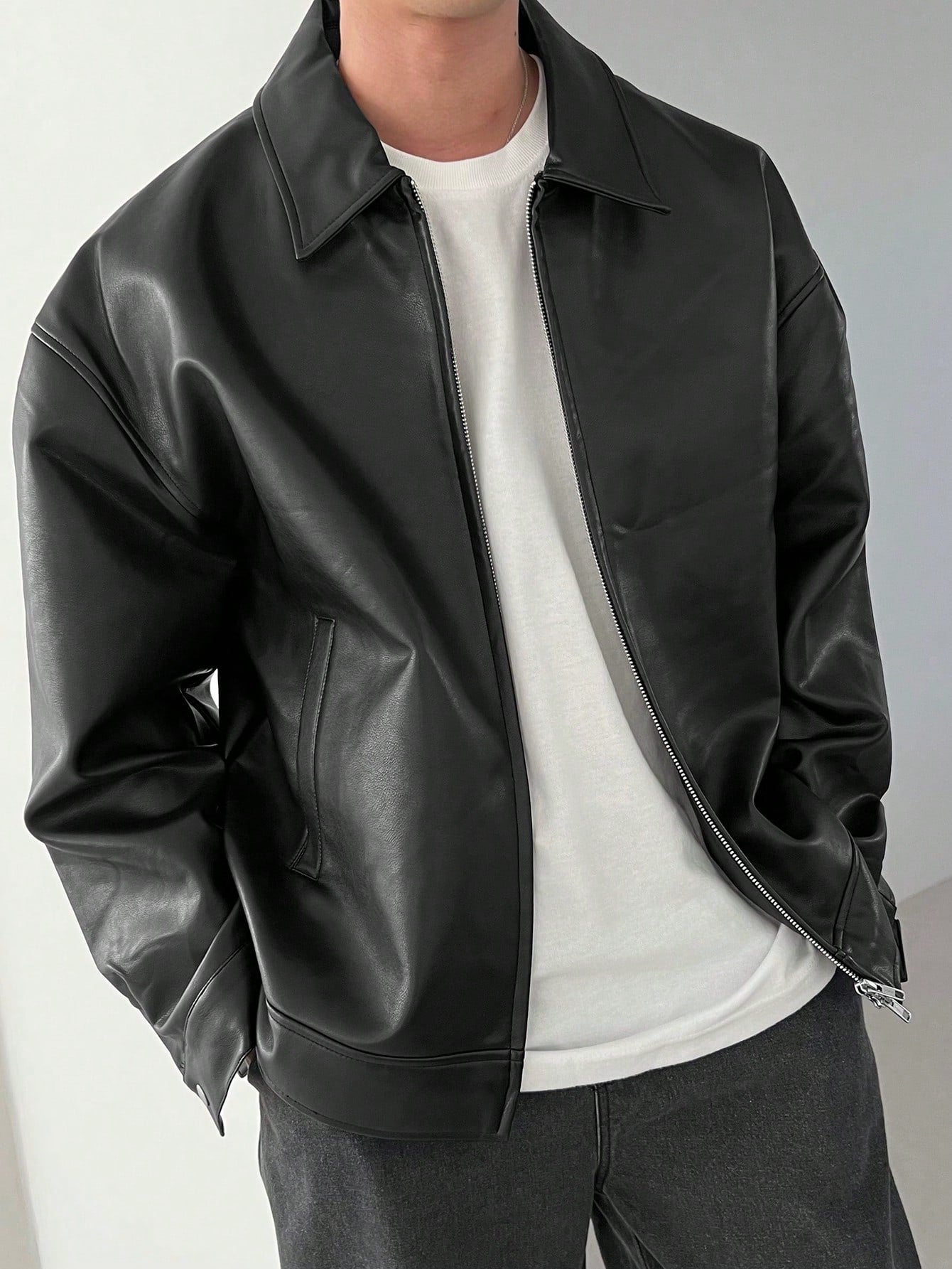 DAZY 1pc Men Plain Black Faux Leather Jacket & Coat For Autumn Black