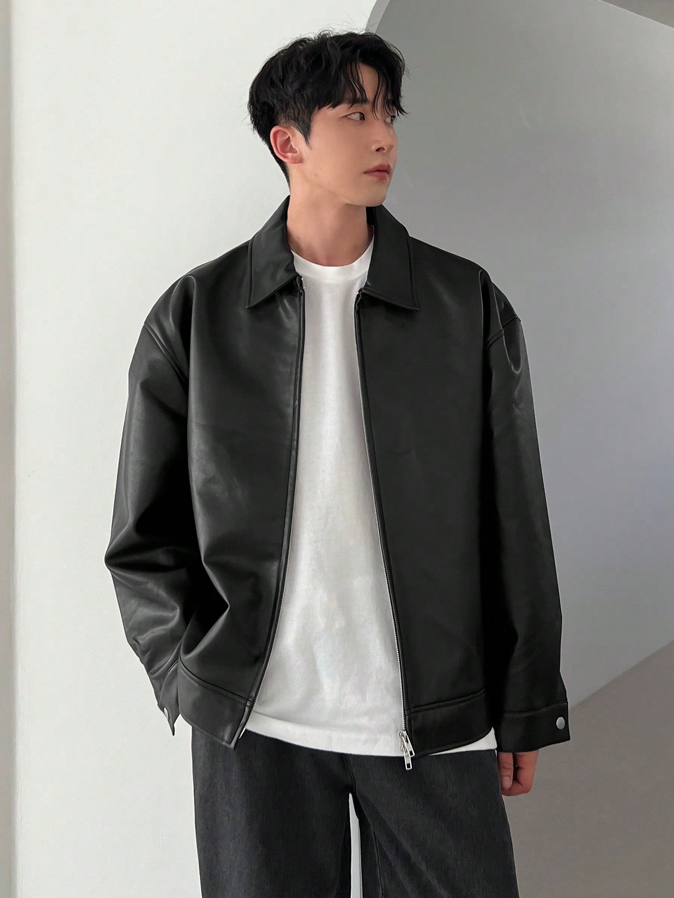 DAZY 1pc Men Plain Black Faux Leather Jacket & Coat For Autumn Black