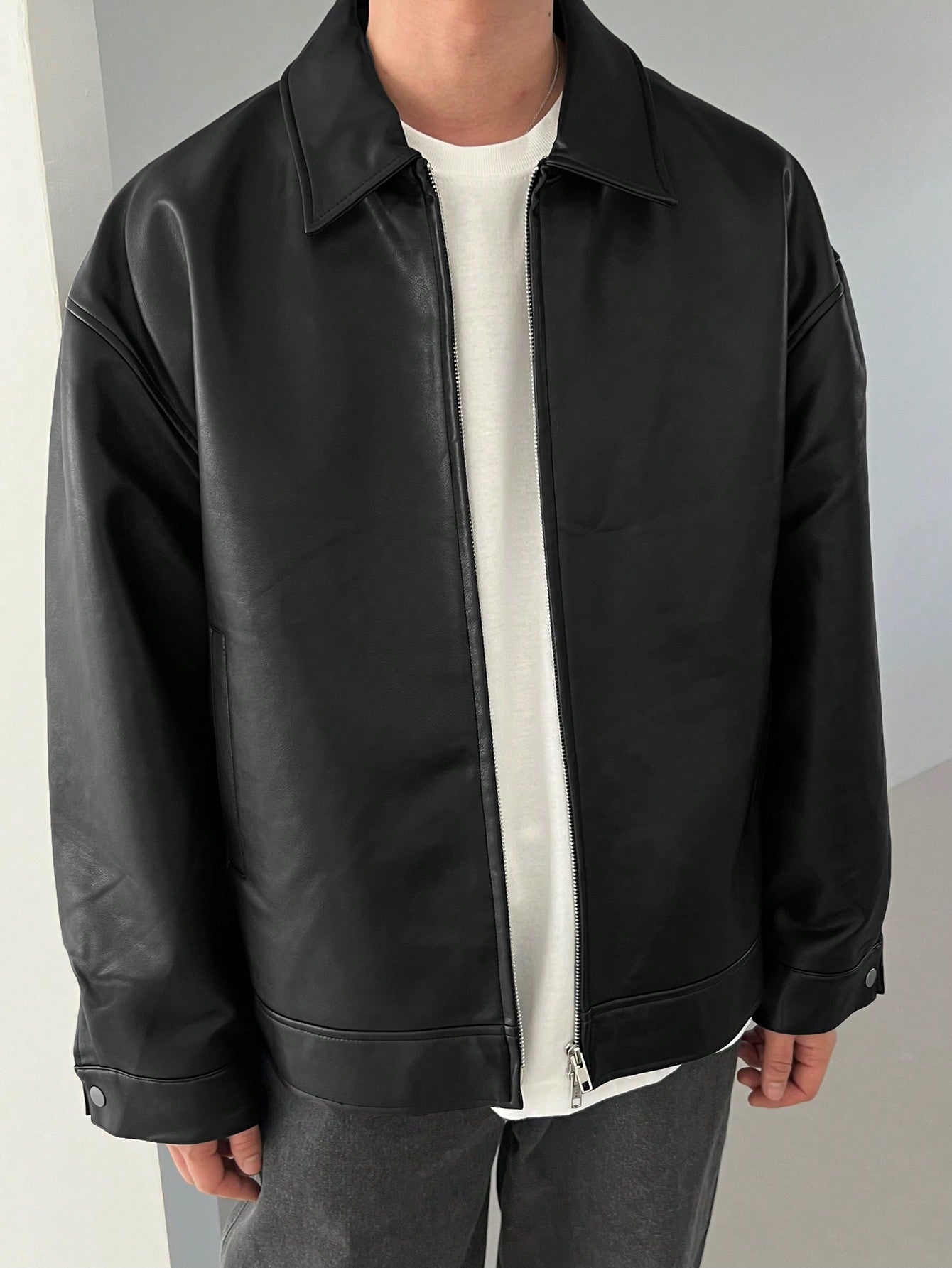 DAZY 1pc Men Plain Black Faux Leather Jacket & Coat For Autumn Black