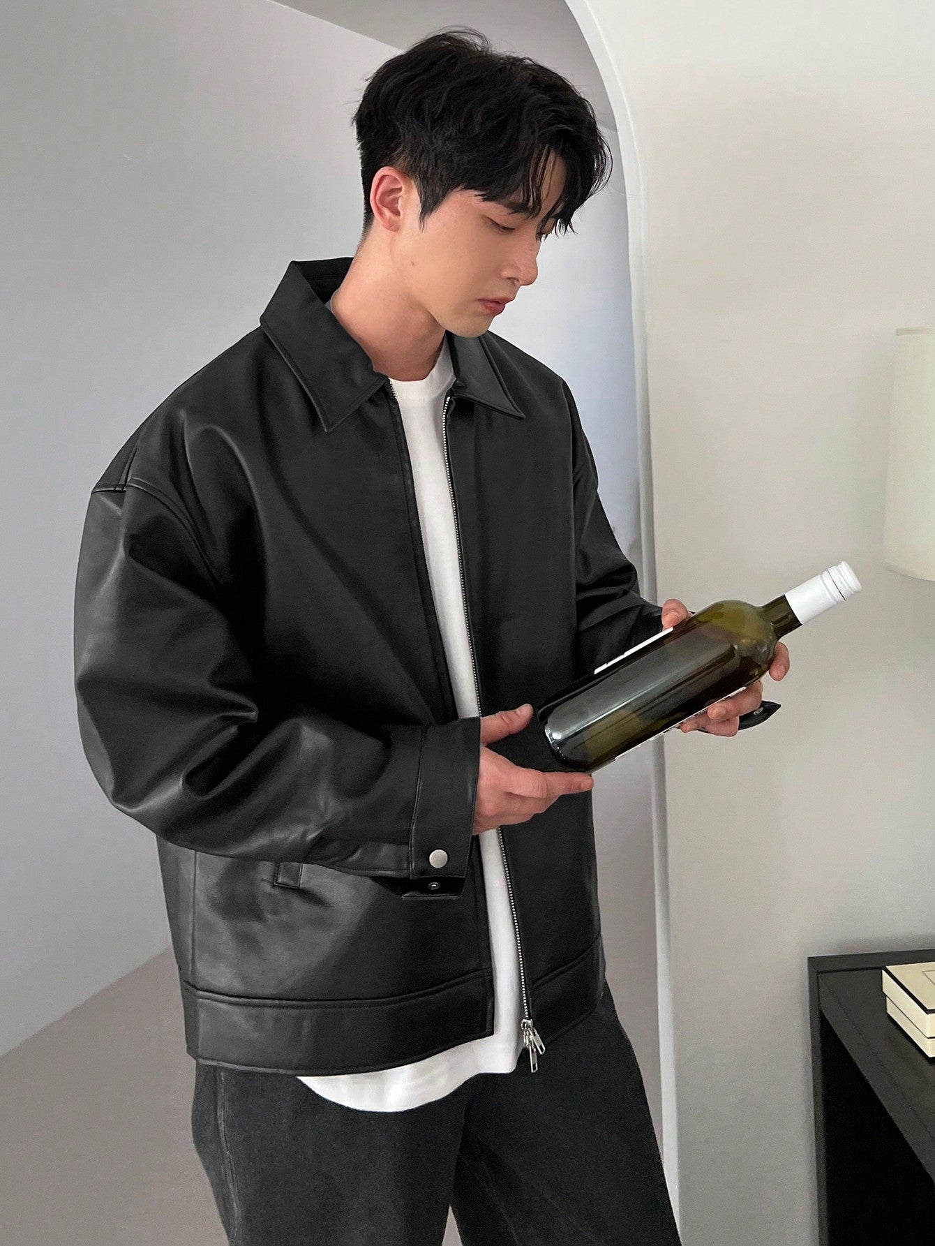 DAZY 1pc Men Plain Black Faux Leather Jacket & Coat For Autumn Black