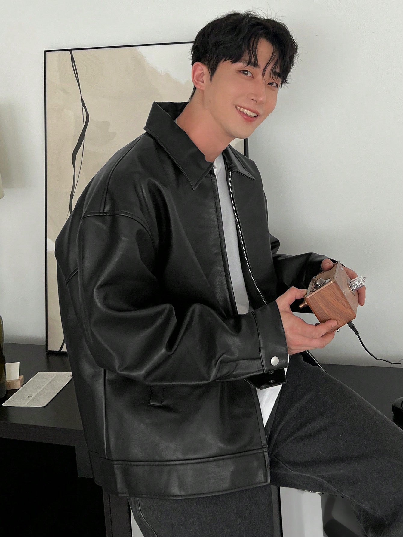 DAZY 1pc Men Plain Black Faux Leather Jacket & Coat For Autumn Black
