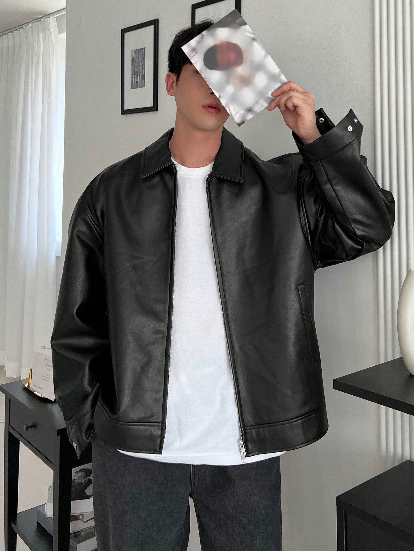 DAZY 1pc Men Plain Black Faux Leather Jacket & Coat For Autumn Black