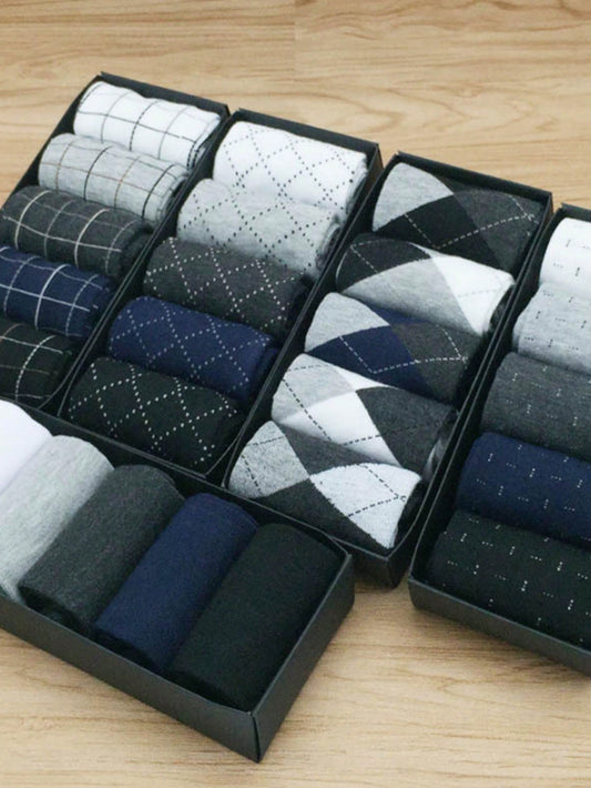 10 Pairs Men's Socks, Polyester Knitted Fabric, Geometric Pattern, Business Casual Mid-Calf & Dotted Design, Random Color (No Gift Box) Multicolor