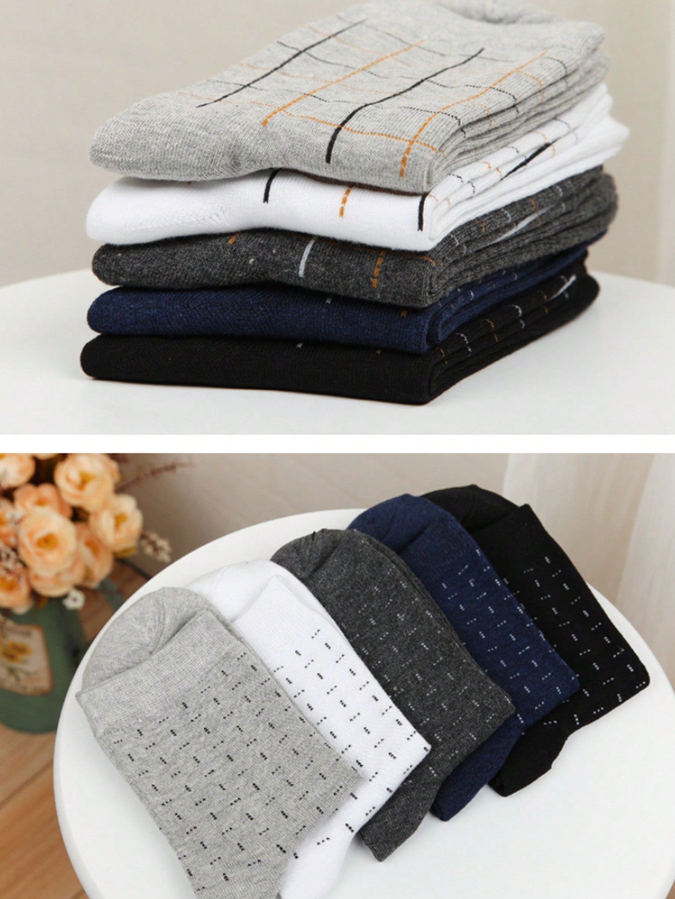 10 Pairs Men's Socks, Polyester Knitted Fabric, Geometric Pattern, Business Casual Mid-Calf & Dotted Design, Random Color (No Gift Box) Multicolor