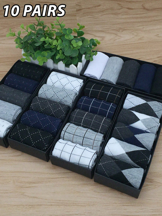 10 Pairs Men's Socks, Polyester Knitted Fabric, Geometric Pattern, Business Casual Mid-Calf & Dotted Design, Random Color (No Gift Box) Multicolor
