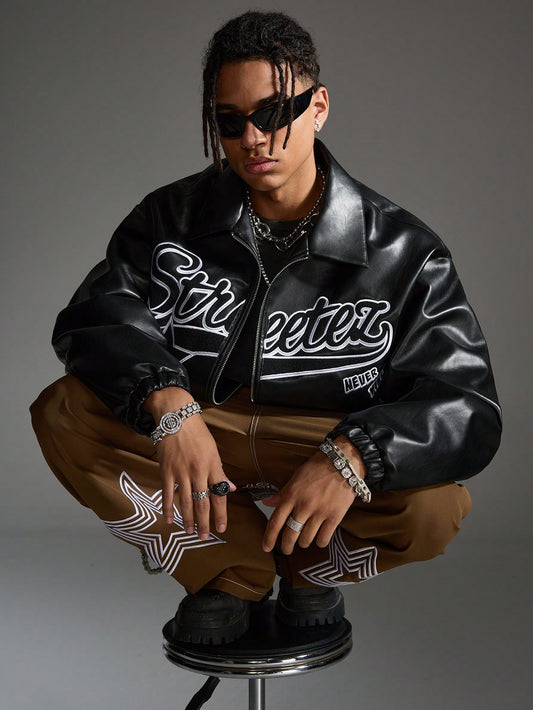 Manfinity StreetEZ Men's Autumn Letter Pattern Long Sleeve Zip-Up Collar Casual PU Leather Jacket, Bomber Vintage Party Letter Jacket, For Friends, Husband, Boyfriend Gifts Black