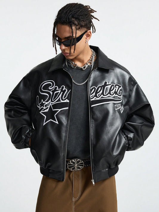Manfinity StreetEZ Men's Autumn Letter Pattern Long Sleeve Zip-Up Collar Casual PU Leather Jacket, Bomber Vintage Party Letter Jacket, For Friends, Husband, Boyfriend Gifts Black