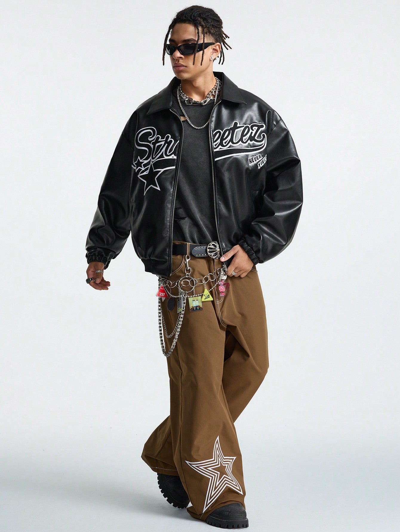 Manfinity StreetEZ Men's Autumn Letter Pattern Long Sleeve Zip-Up Collar Casual PU Leather Jacket, Bomber Vintage Party Letter Jacket, For Friends, Husband, Boyfriend Gifts Black