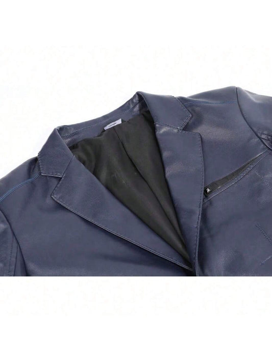 Men's Regular Fit Button Down Lined Business Leather Jacket Blazer With Pockets Navy