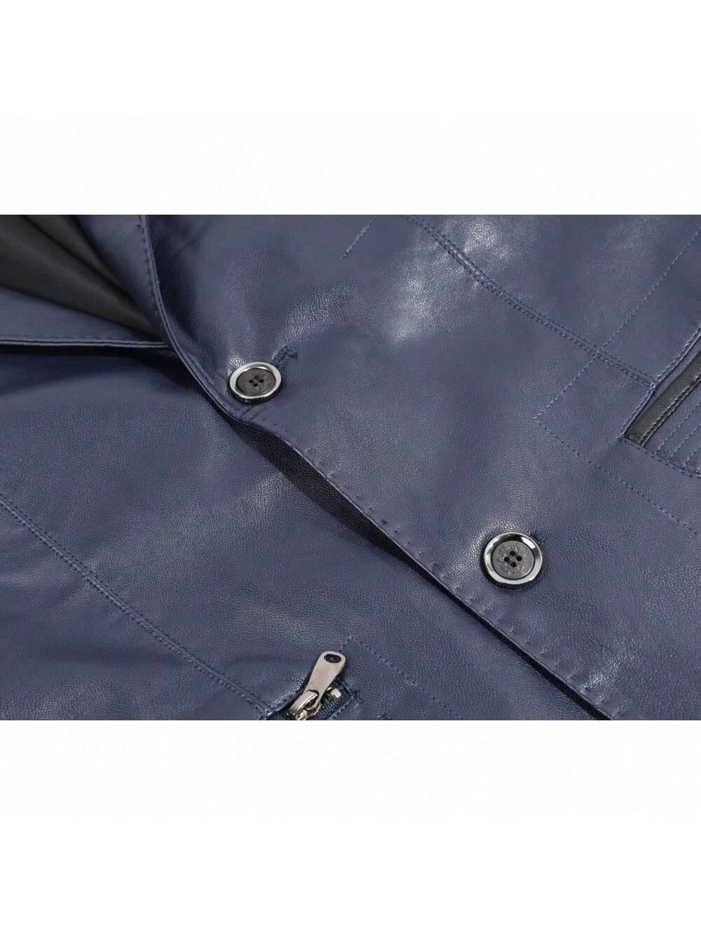 Men's Regular Fit Button Down Lined Business Leather Jacket Blazer With Pockets Navy