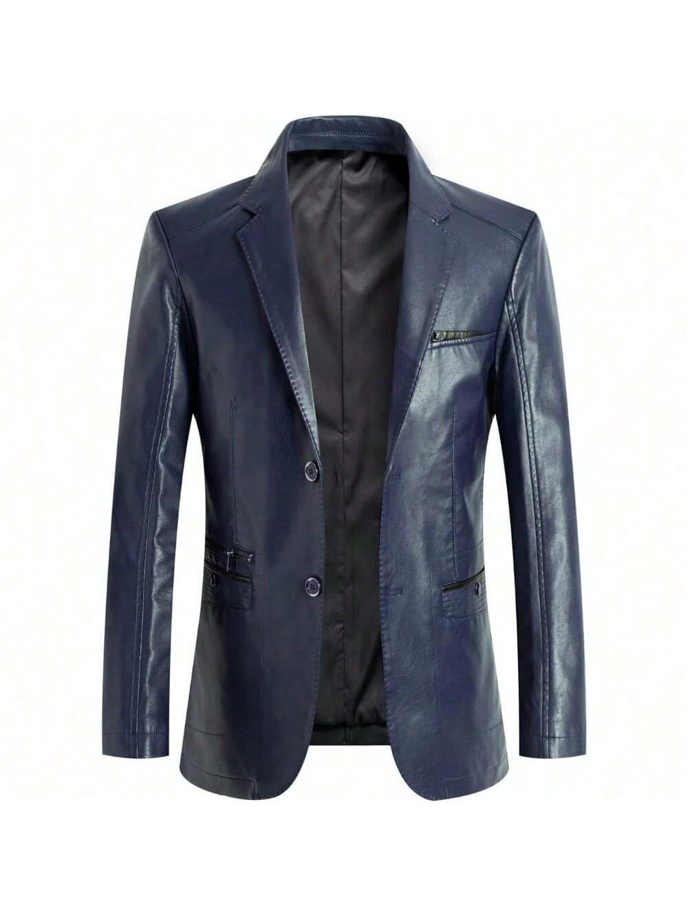 Men's Regular Fit Button Down Lined Business Leather Jacket Blazer With Pockets Navy