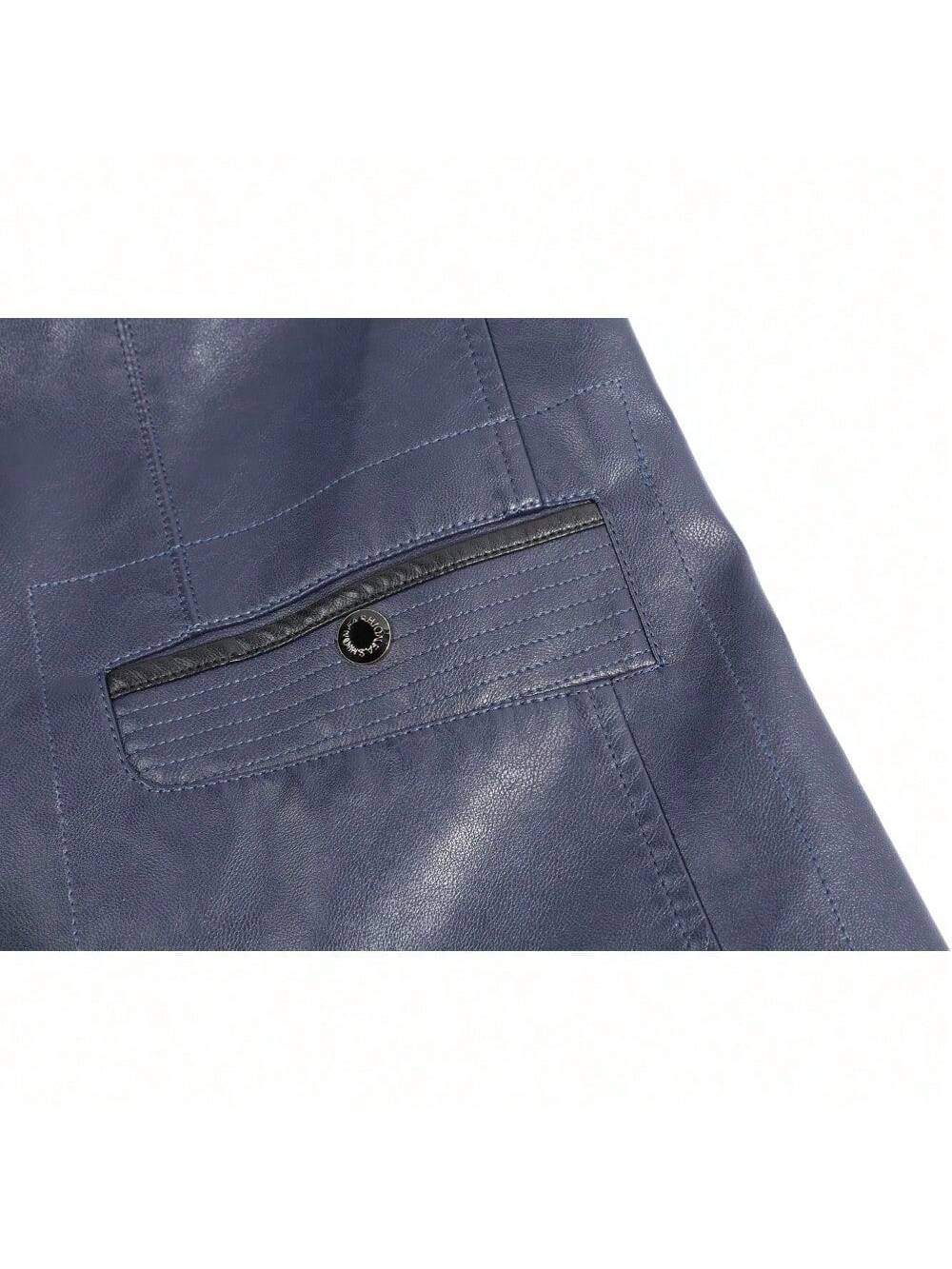 Men's Regular Fit Button Down Lined Business Leather Jacket Blazer With Pockets Navy