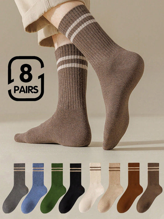 8 Pairs Men's Mid-Calf Socks, Solid Color Athletic & Socks For Spring & Autumn, Breathable & Sweat-Absorbent Lightweight Dailywear Japanese-Style Casual Long Socks Multicolor
