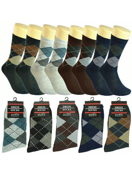3-12 Pairs Mens Diamond Argyle Cotton Mid Calf Crew Work Dress Socks Size 10-13 12 Pairs