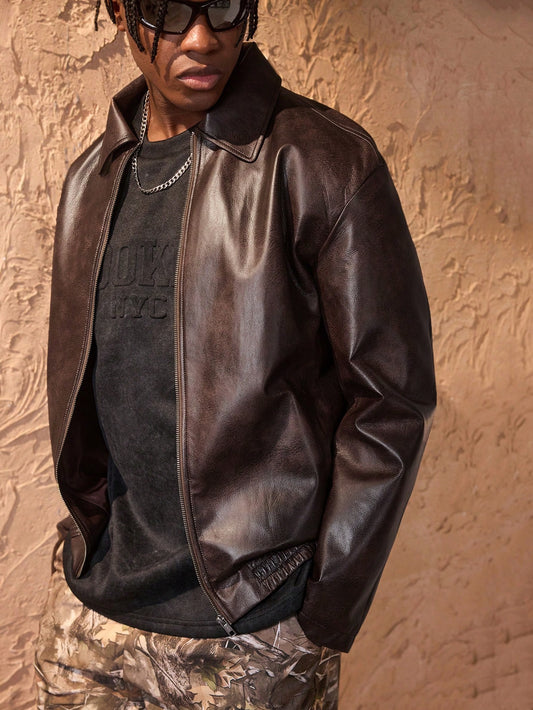 Forever 21 Men's Zipper Pocket Casual Jacket, Faux Leather, Minimalist & Fashionable For Daily Wear Brown