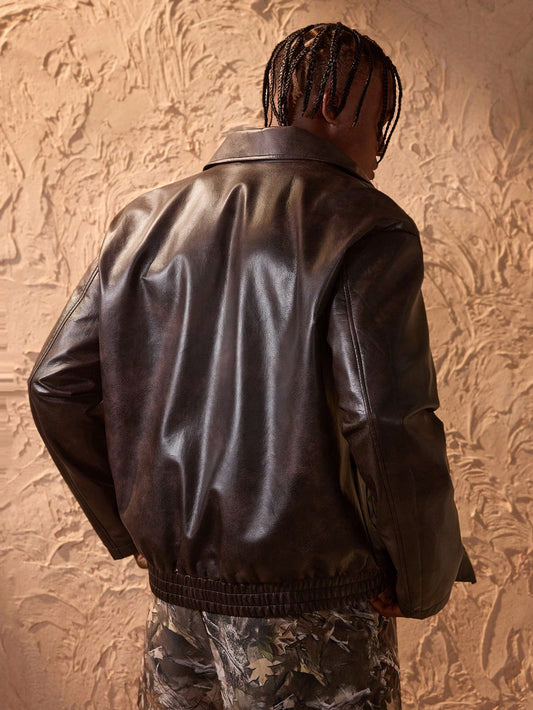 Forever 21 Men's Zipper Pocket Casual Jacket, Faux Leather, Minimalist & Fashionable For Daily Wear Brown