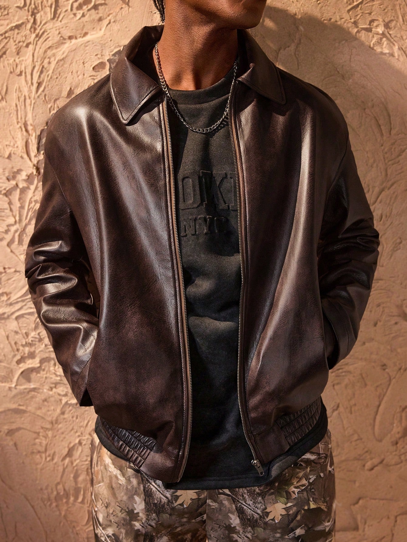 Forever 21 Men's Zipper Pocket Casual Jacket, Faux Leather, Minimalist & Fashionable For Daily Wear Brown